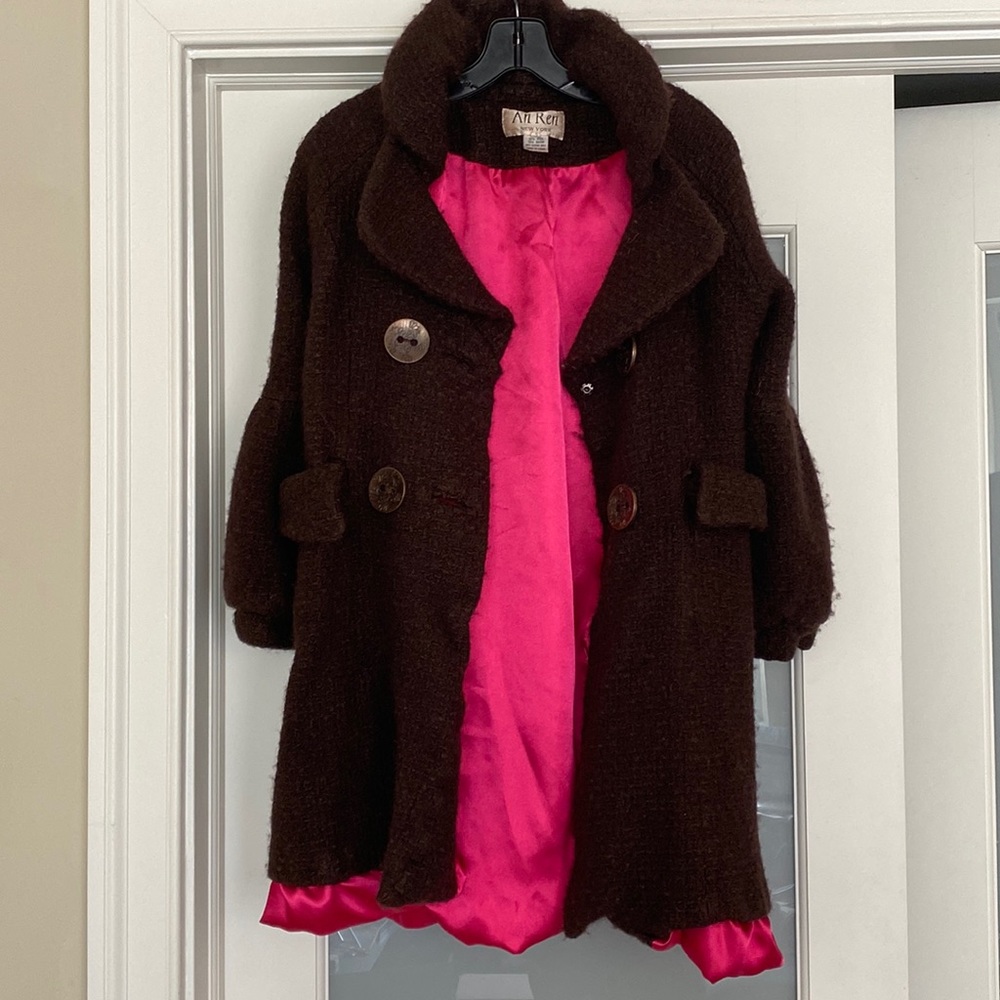 Brown Wool Coat with hot pink lining